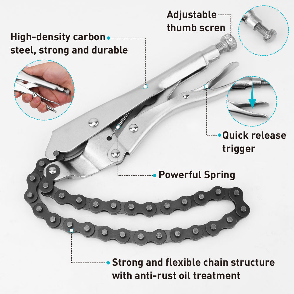 28 inch chain locking pliers with 19.3 inch adjustable chain, tension screw and 6.1 inch capacity for pipes and oil filters