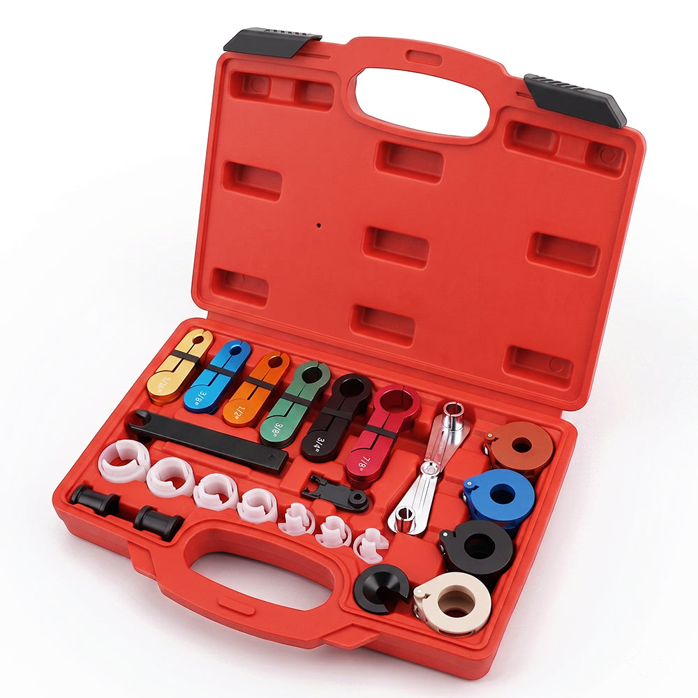 22-piece automotive quick disconnect tool set for A/C, fuel, transmission and oil cooler lines with multiple sizes and storage case