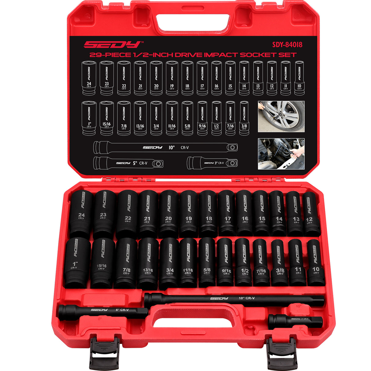 29 piece 1/2 inch drive impact socket set SAE metric deep sockets CRV steel with extension bars heavy duty automotive tool kit