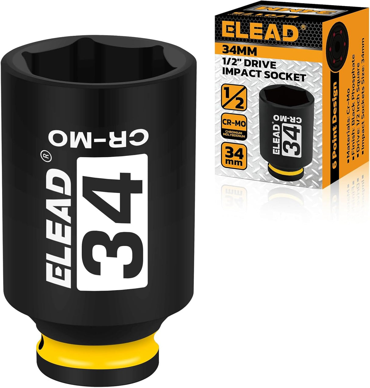 ELEAD CR-MO 1/2-inch drive deep impact socket, heavy duty 6-point axle nut socket for automotive and mechanic use