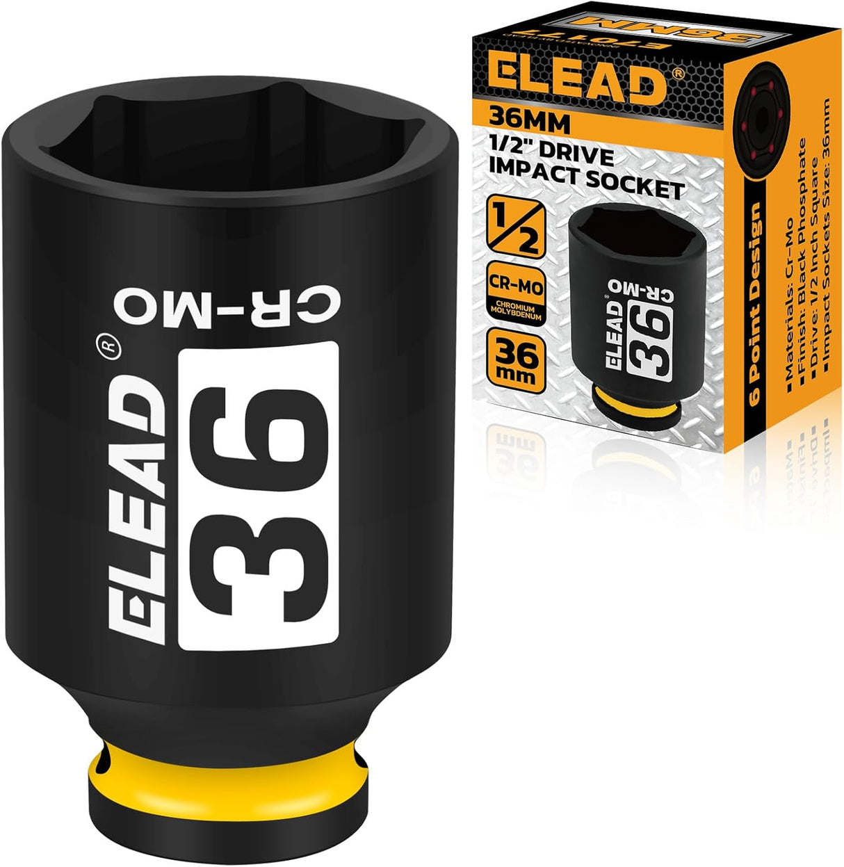 ELEAD 36mm 1/2" Drive Deep Impact Socket, CR-MO 6-Point Axle Nut Socket for Wheel Hub Removal & Automotive Repair