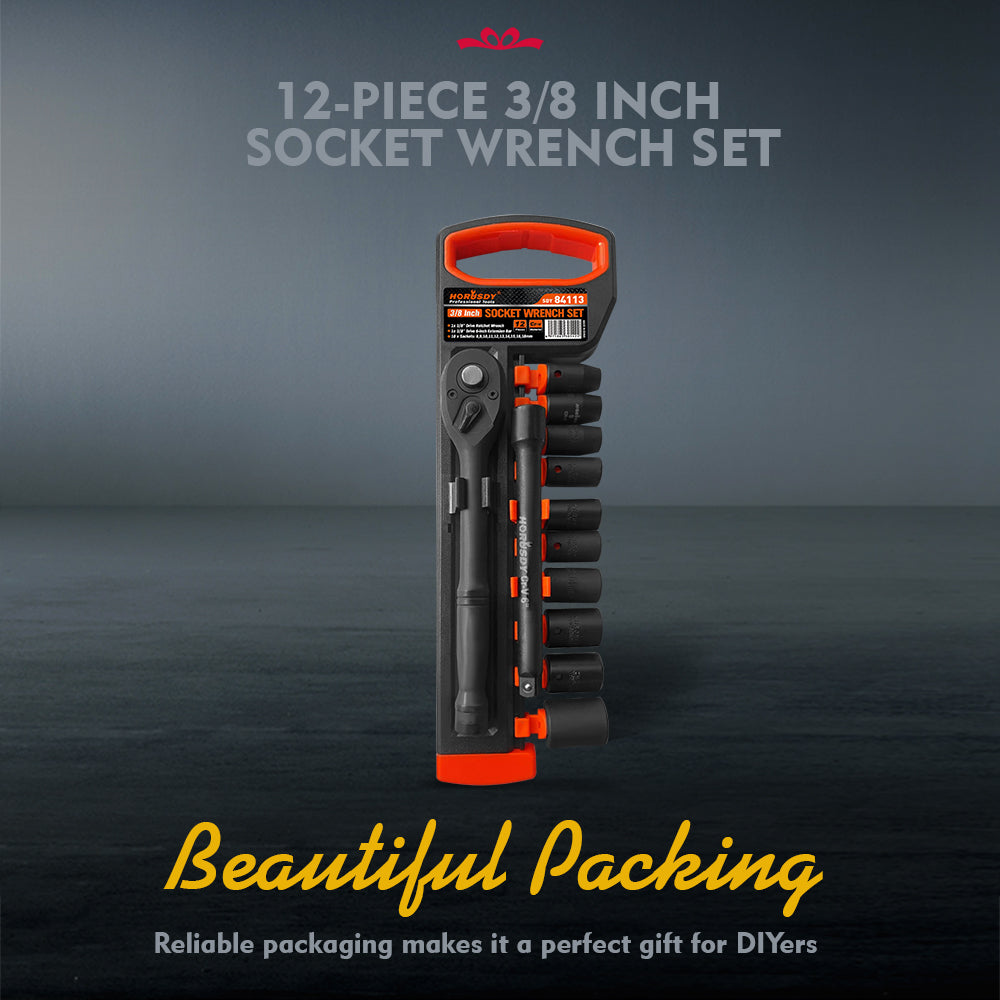 12-Piece 3/8 Inch Drive Ratchet Socket Wrench Set with Metric Sockets 8mm-18mm, 72 Tooth Quick Release Ratchet and 6 Inch Extension Bar