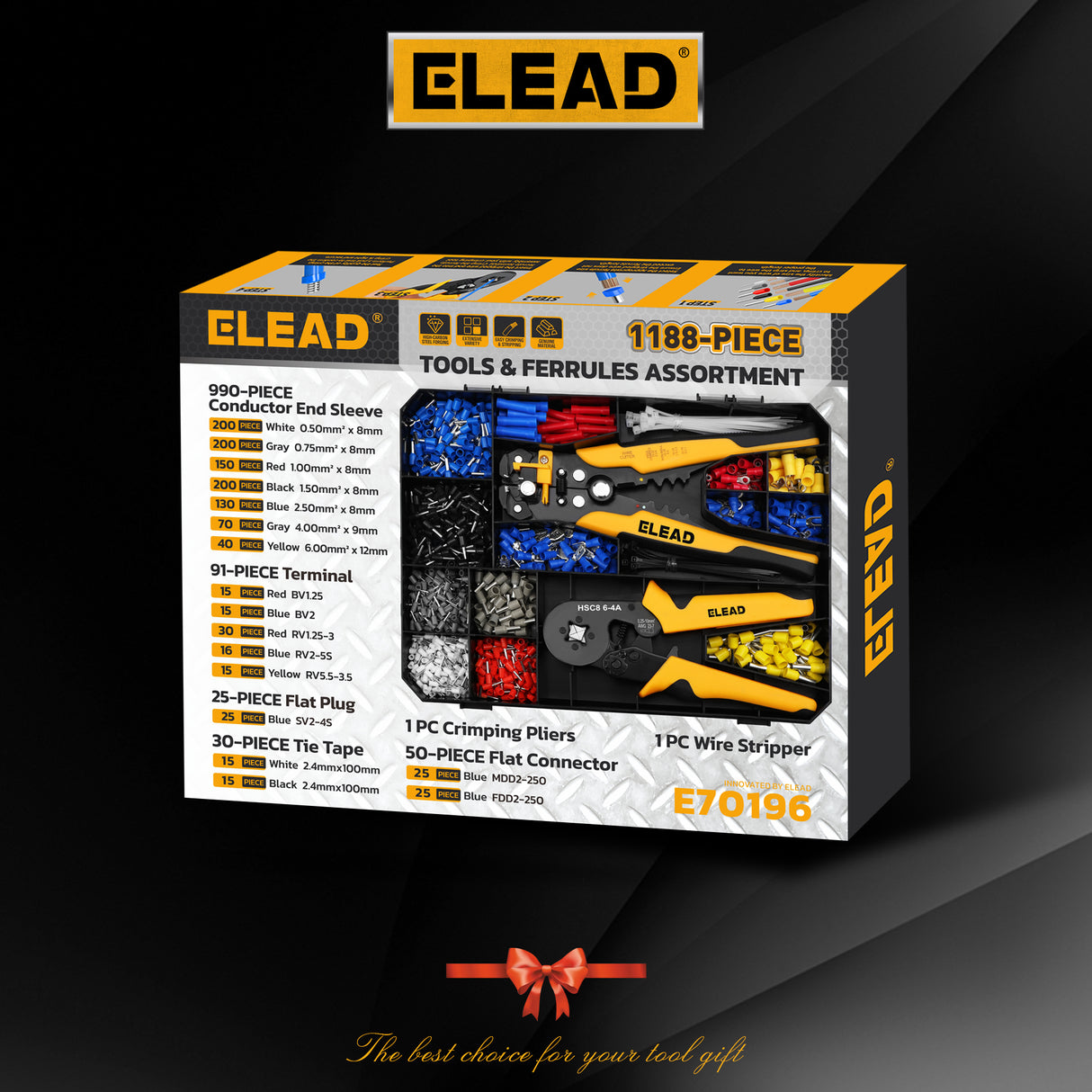 ELEAD ferrule crimping tool kit with wire stripper, ferrule terminals assortment and electrical connectors for wiring repair