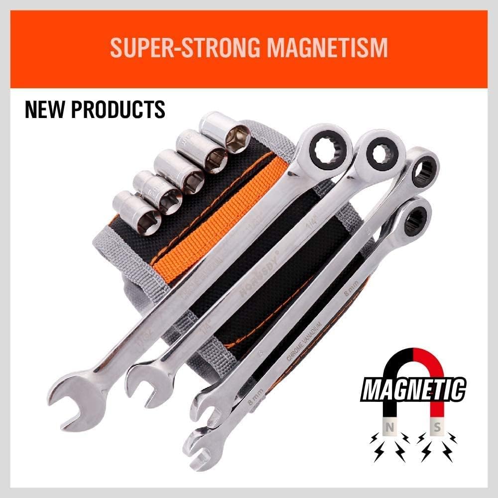 Magnetic Tool Wristband with Adjustable Strap, Screw and Nail Holder Pockets, and Telescopic Magnetic Pickup Tool for DIY Repairs