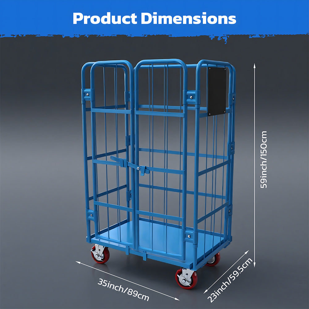 Blue heavy duty double-door logistics trolley cage with lockable swivel rubber wheels for warehouse storage and transport