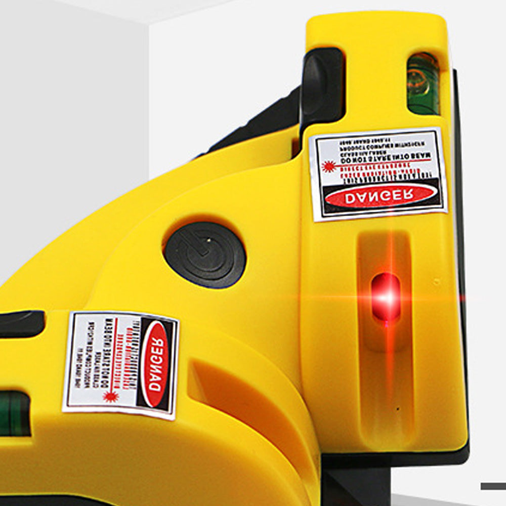90 degree right angle laser level gauge with red laser square lines, built-in bubble levels, ruler edge and compact triangular body for tile, flooring, wall and interior construction layout