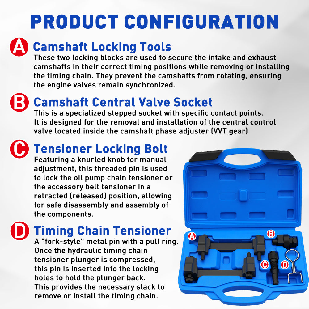 5-piece engine timing tool kit for VAG 2.4 and 3.2 FSI engines with camshaft locking tools, tensioner pin, and storage case for Audi and Volkswagen timing chain service