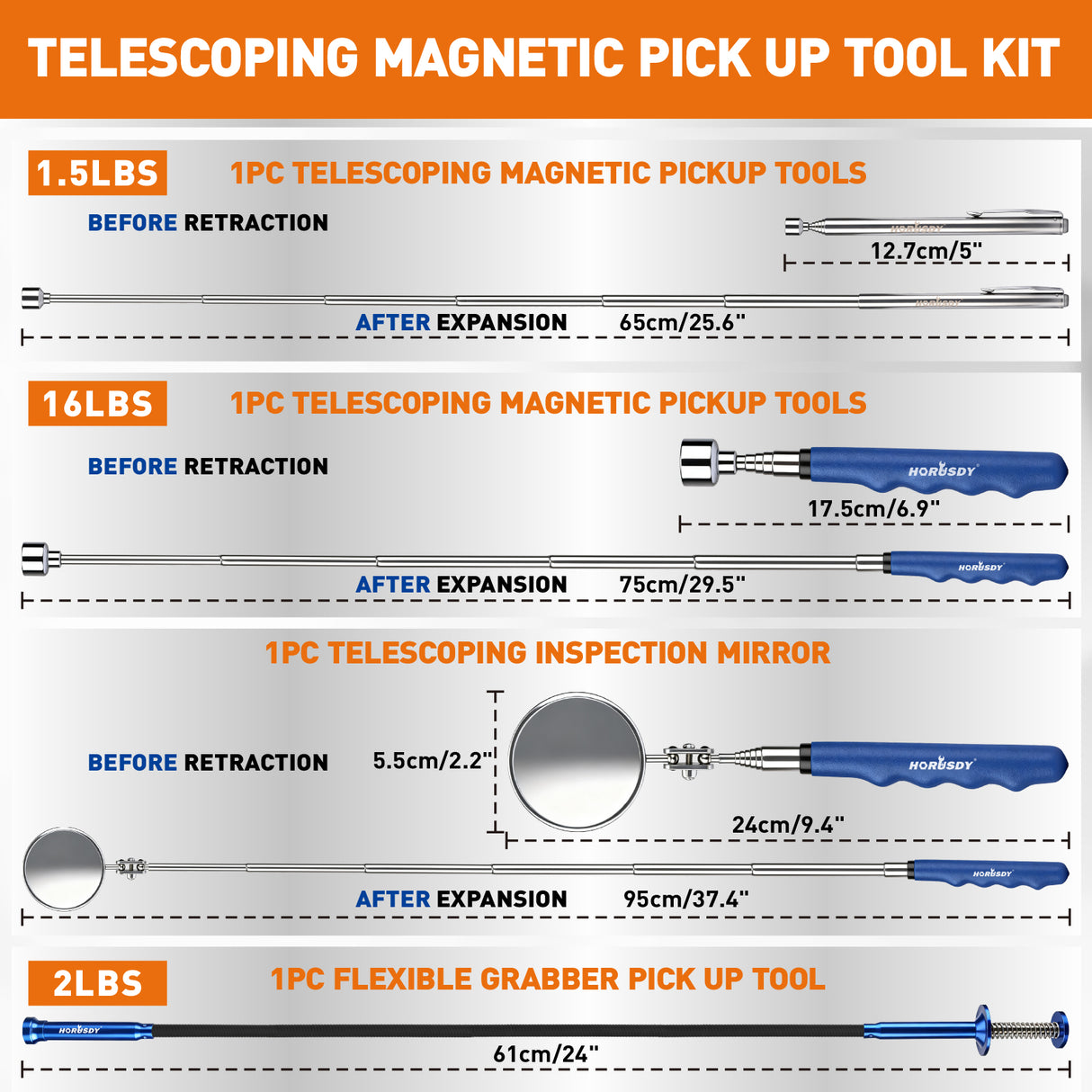 4-piece telescoping magnetic pickup tool kit with inspection mirror, flexible grabber and strong magnets