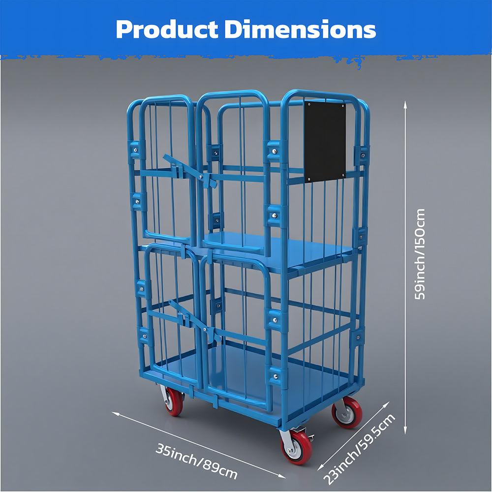 Heavy duty 4-door warehouse cage trolley with mesh panels, swivel wheels and brake function for logistics, storage and transport