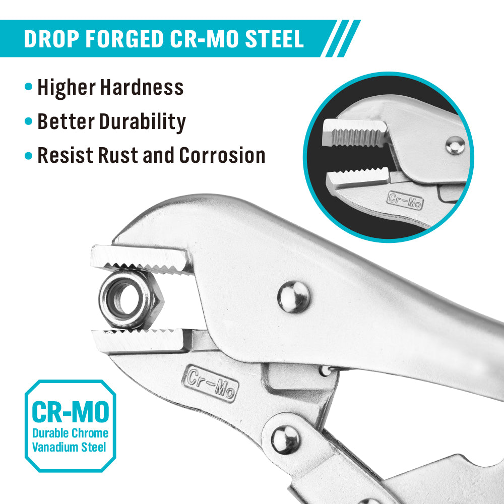 straight jaw locking pliers available in 7-inch and 10-inch sizes with adjustable tension screw, quick-release trigger and Cr-Mo steel jaws