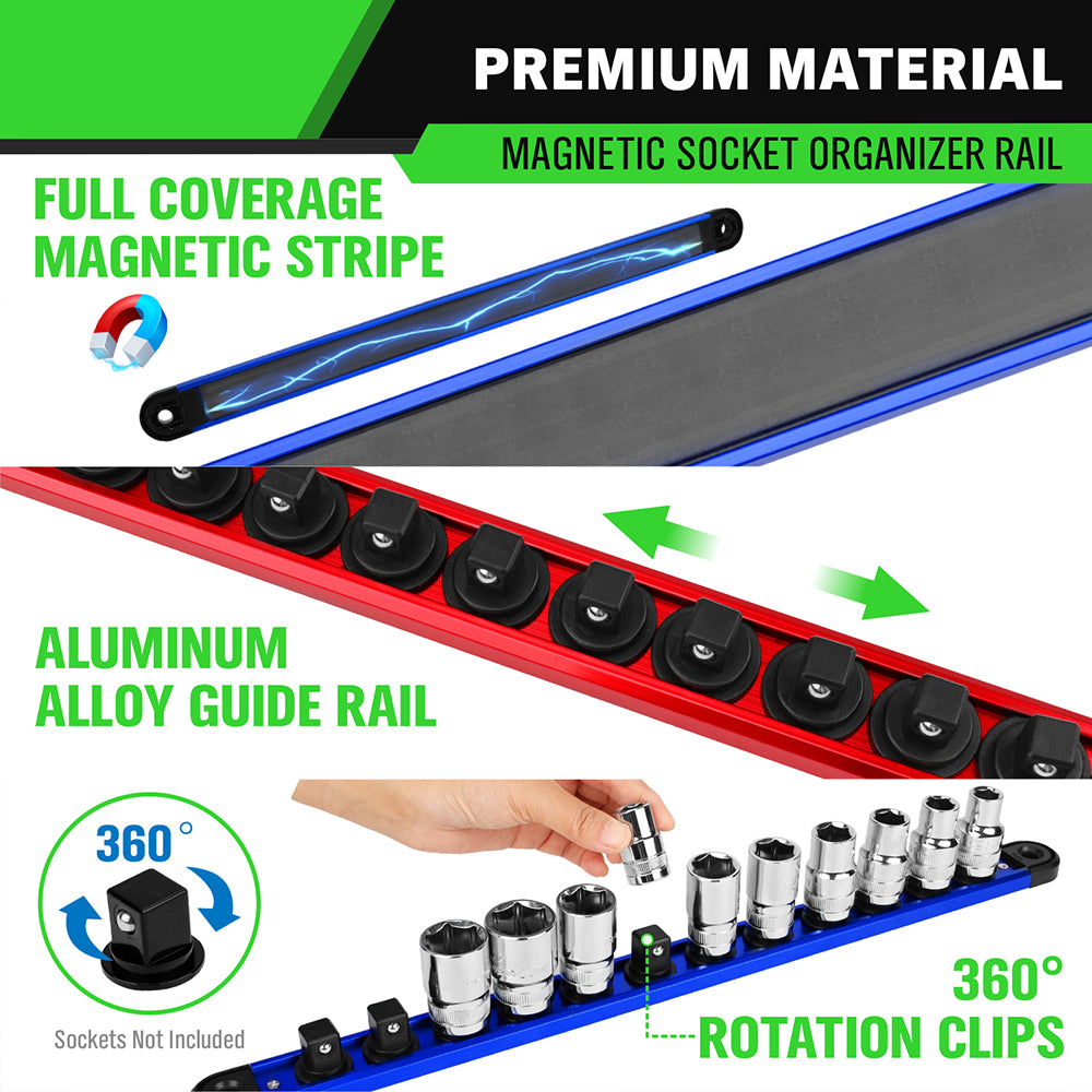 4-piece magnetic socket and bit organizer kit with aluminum rails, rotating clips and strong magnetic base for tool storage