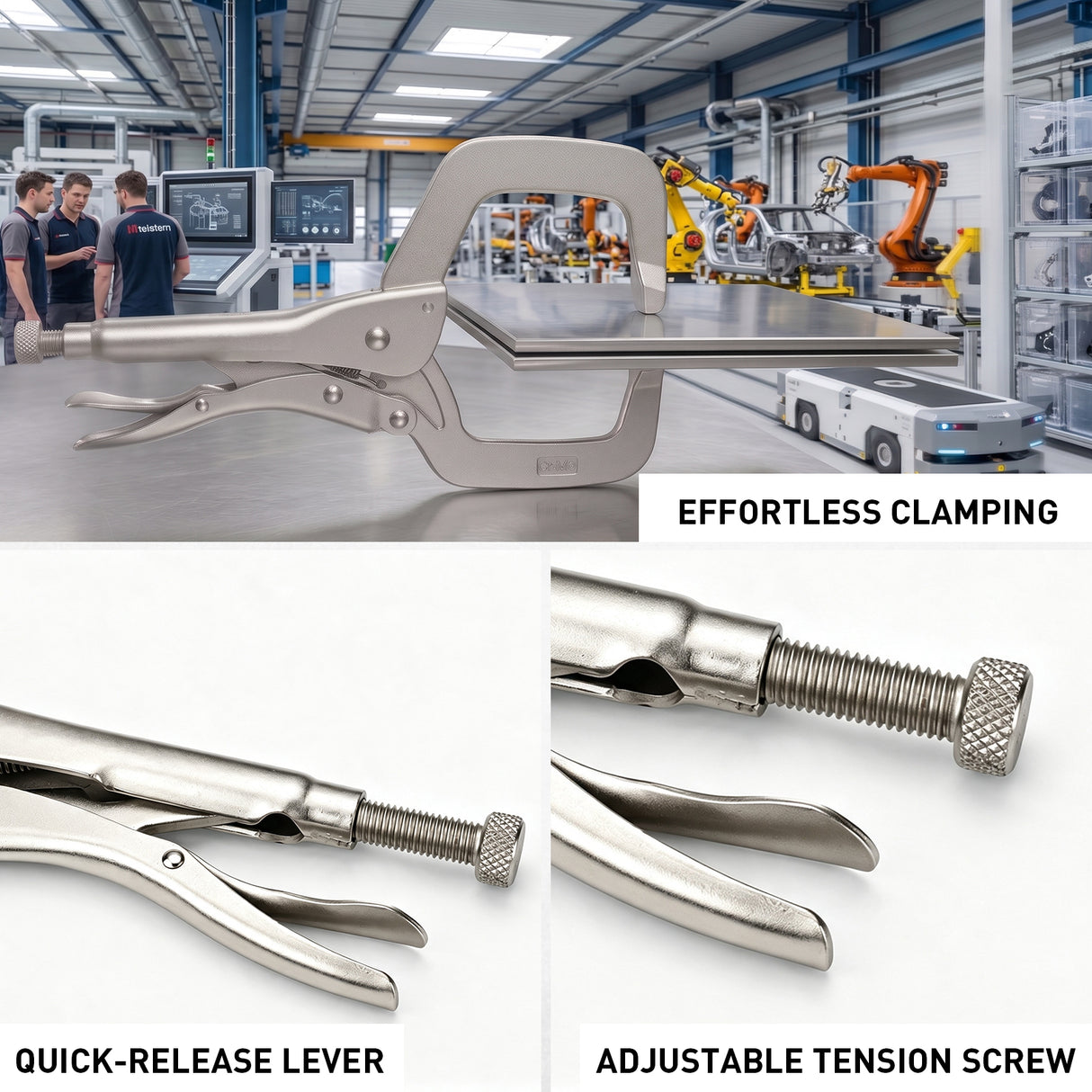 11-inch locking C-clamp pliers with Cr-Mo steel construction, adjustable tension screw and quick-release lever for welding and woodworking.
