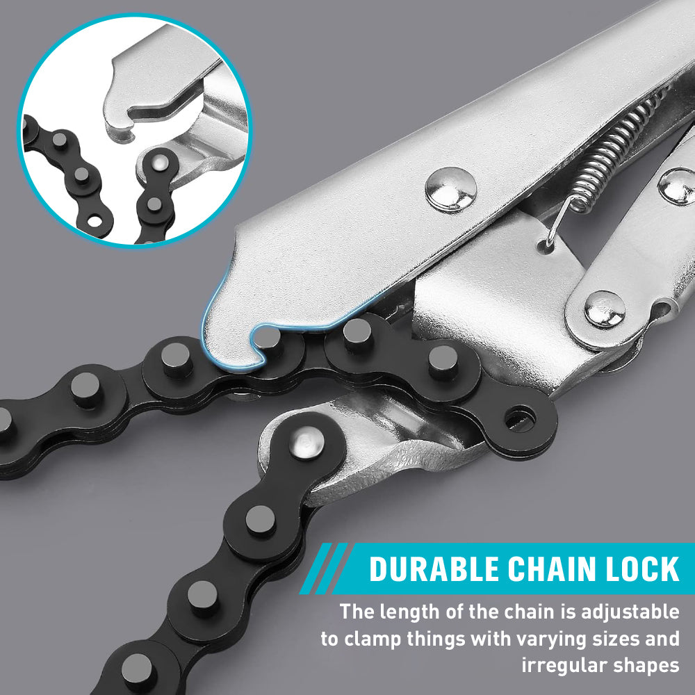 28 inch chain locking pliers with 19.3 inch adjustable chain, tension screw and 6.1 inch capacity for pipes and oil filters