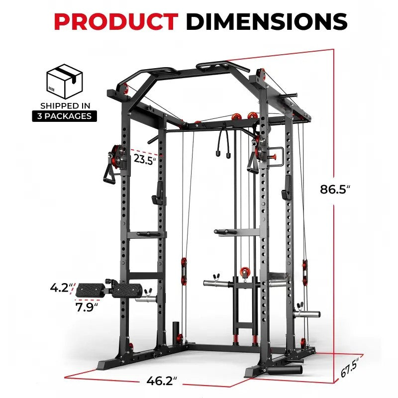 multi-function power cage power rack with cable crossover, lat pulldown, low row station and gym attachments for home strength training