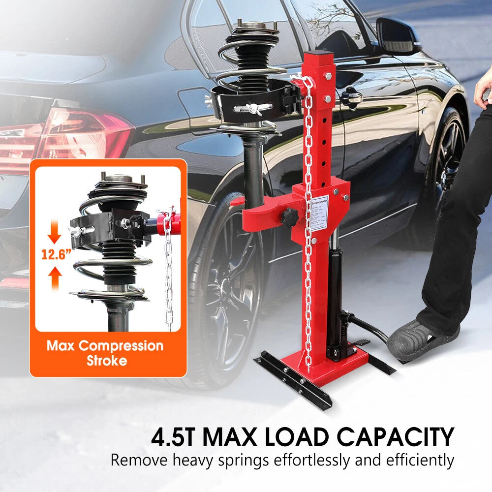 4.5 Ton hydraulic shock spring compressor with adjustable clamps and steel safety chain for car suspension and coil spring removal.