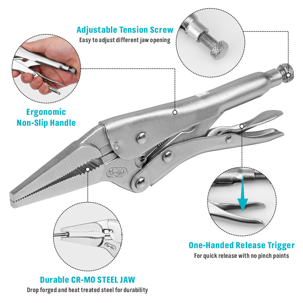 9.5-inch long nose locking pliers made of CR-MO steel with adjustable tension screw, quick release trigger and long narrow jaws