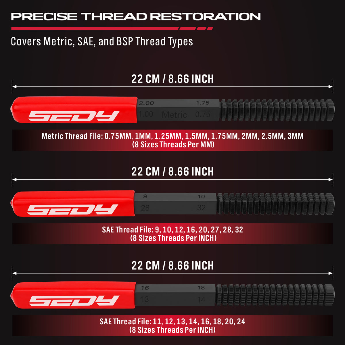3-piece thread repair file set with metric and inch thread chasers for restoring damaged threads on bolts, studs, screws and pipes