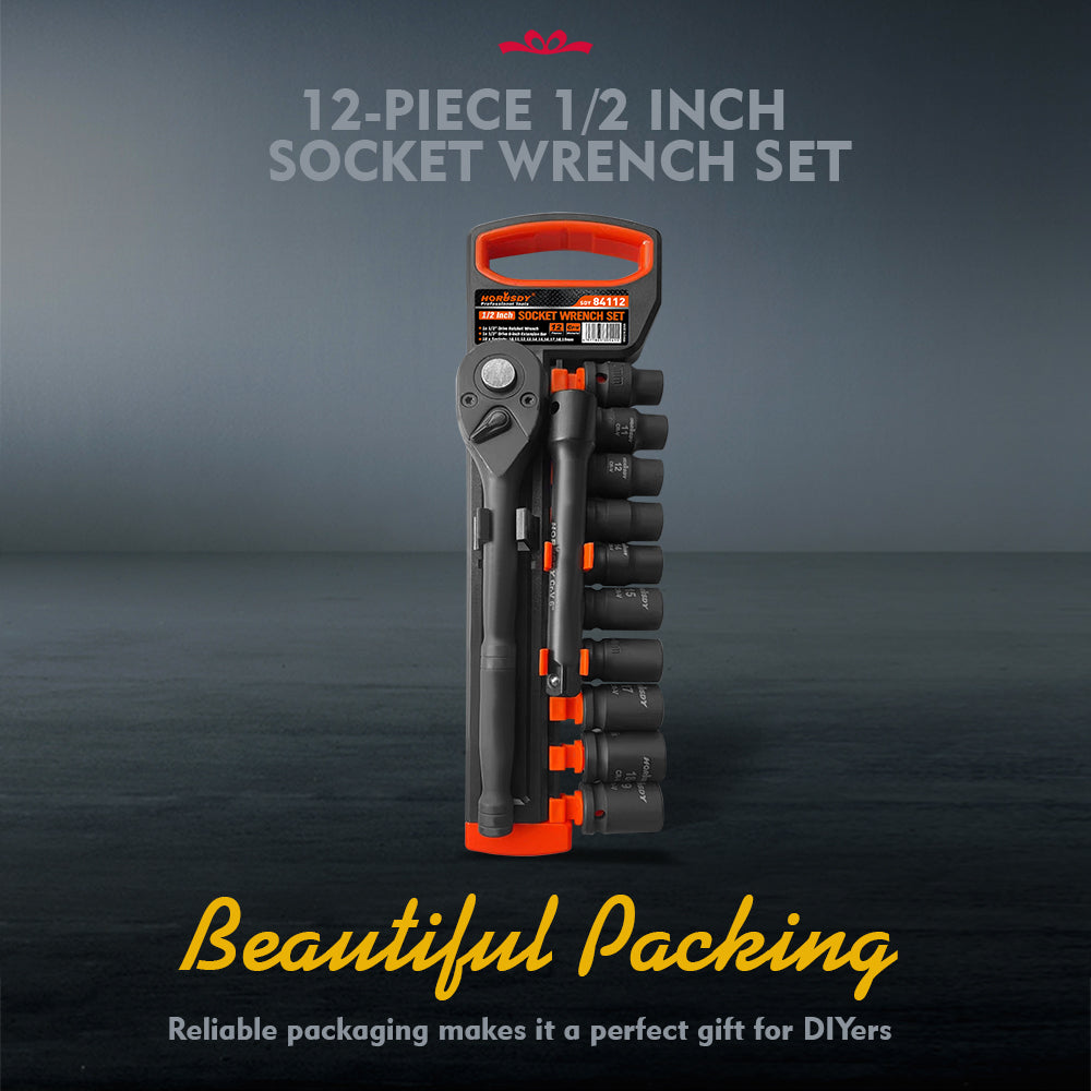 12-Piece 1/2" Drive Ratchet Socket Wrench Set with Metric Sockets 10-19mm, 72T Quick Release Ratchet, and 6" Extension Bar for Car and Garage Repair
