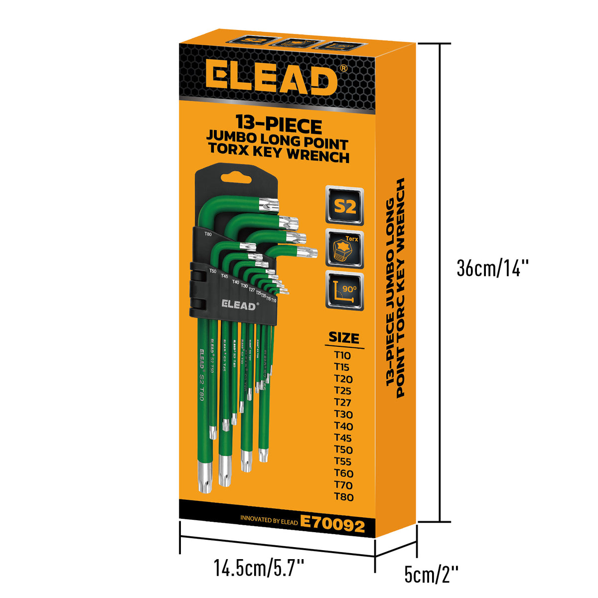 13-piece T10-T80 long arm Torx key set with L-shaped S2 steel star wrenches and green coated finish