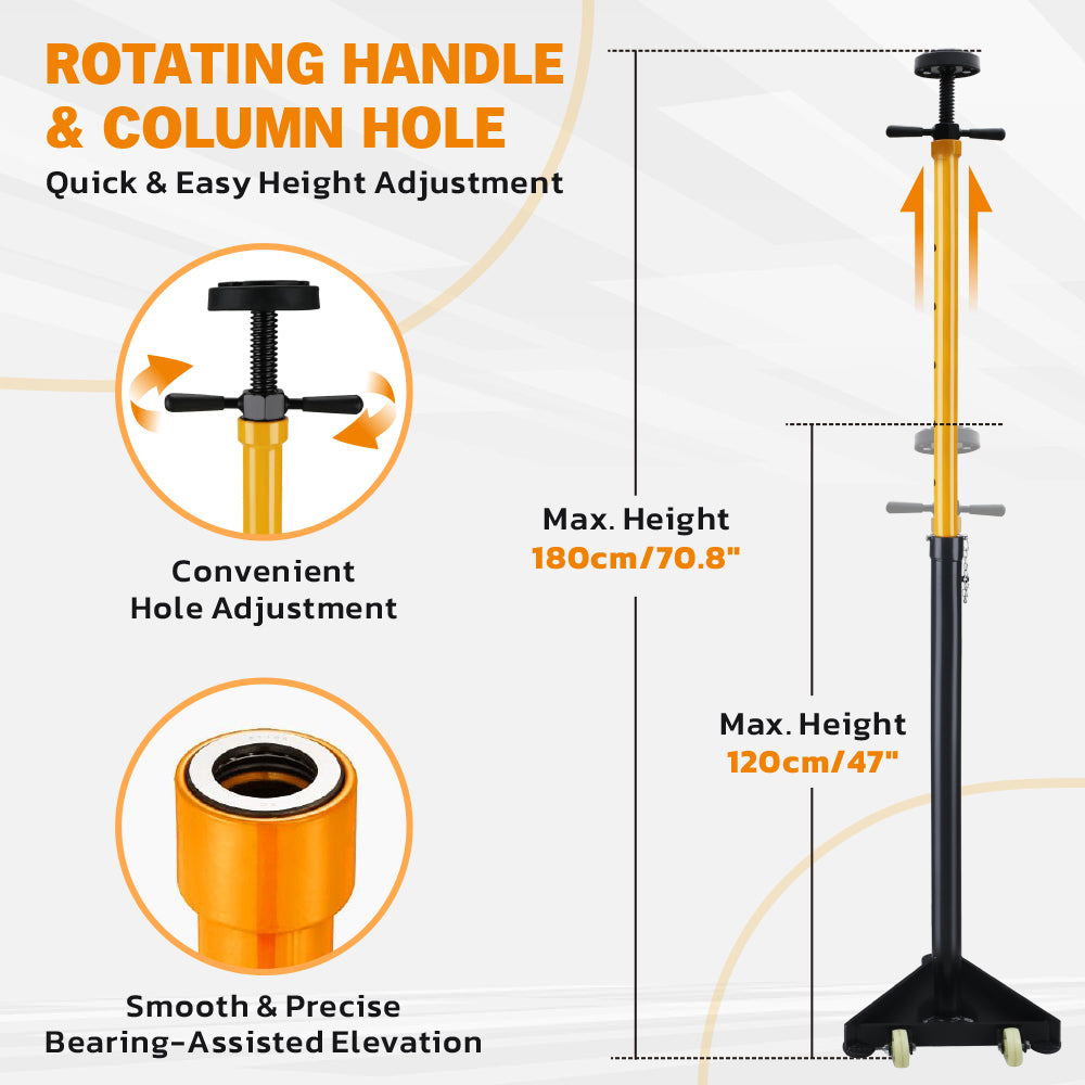 2 ton adjustable under hoist safety support stand with rubber cushioned tray, rotating handle, steel base and nylon wheels