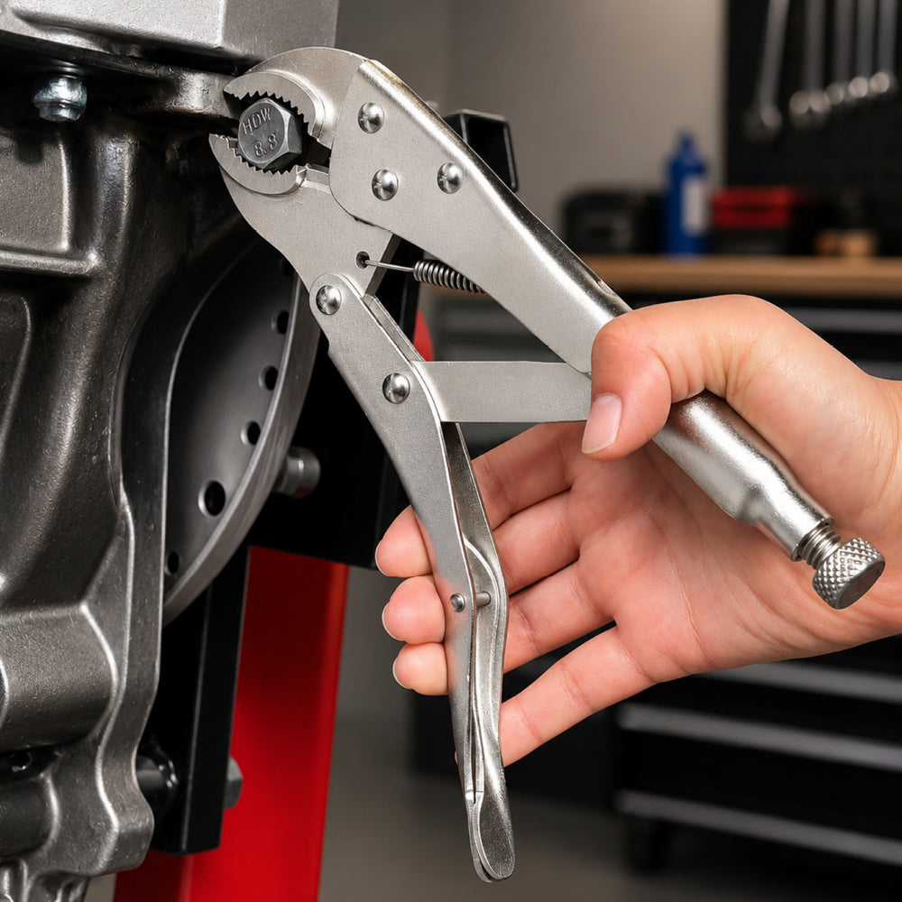 10 inch curved jaw locking pliers with adjustable tension screw, CR-MO steel serrated jaws and 1.6 inch jaw capacity
