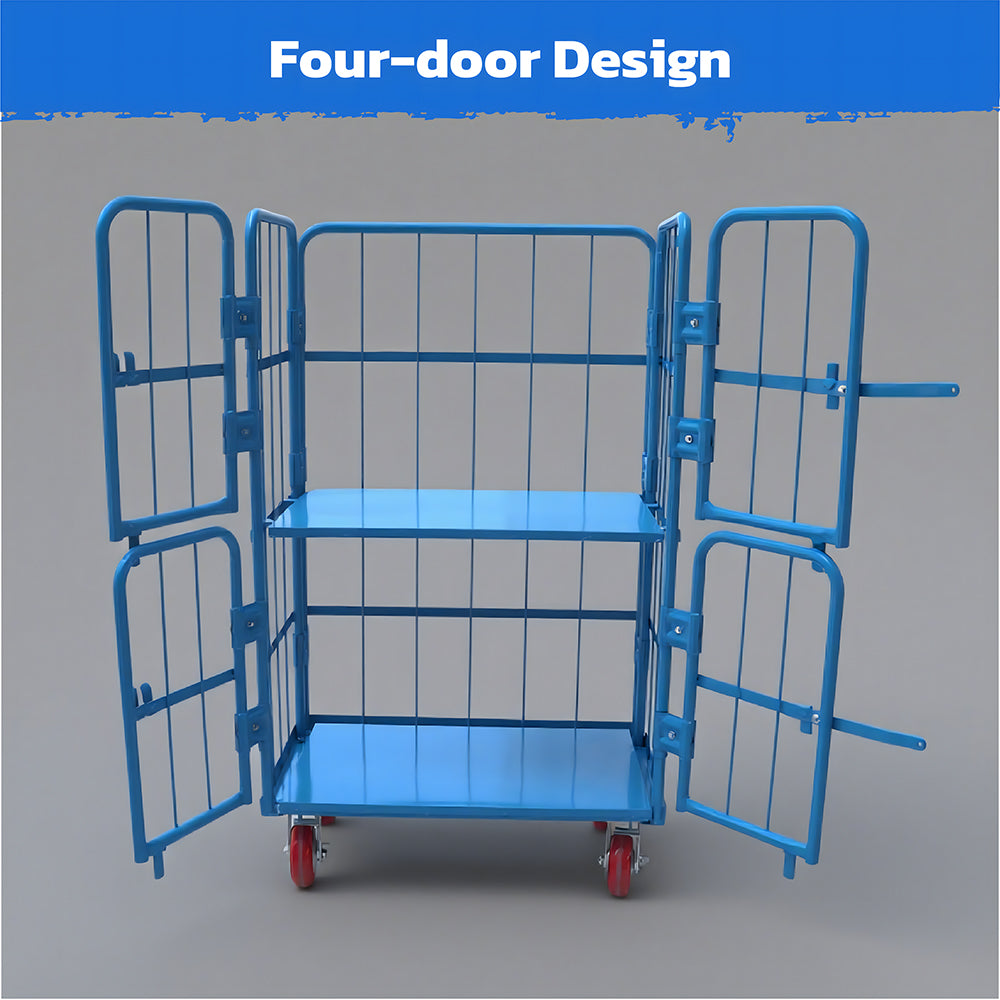 Heavy duty 4-door warehouse cage trolley with mesh panels, swivel wheels and brake function for logistics, storage and transport