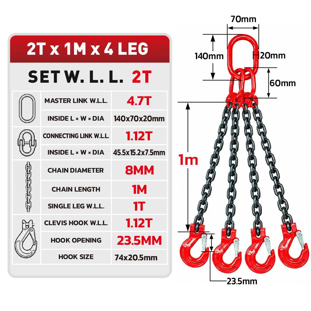 Grade 80 chain sling 1T-5T heavy duty lifting chain with master link and safety hooks, available in 1, 2 and 4 leg configurations for rigging and hoisting
