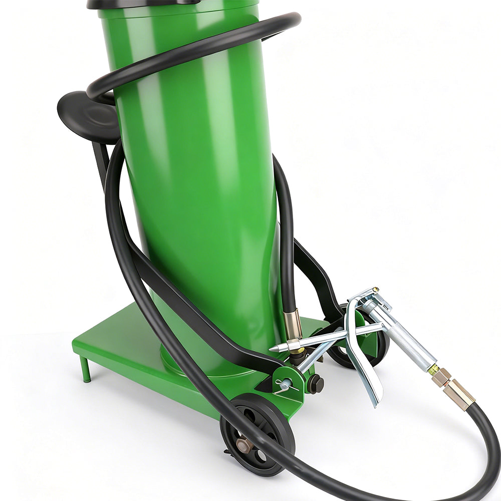 8L green foot-operated grease injector with reinforced hose and metal grease nozzle