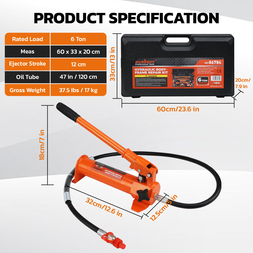 6 ton hydraulic porta power kit 16 piece auto body frame repair tool set with pump extension tubes spreader and carrying case