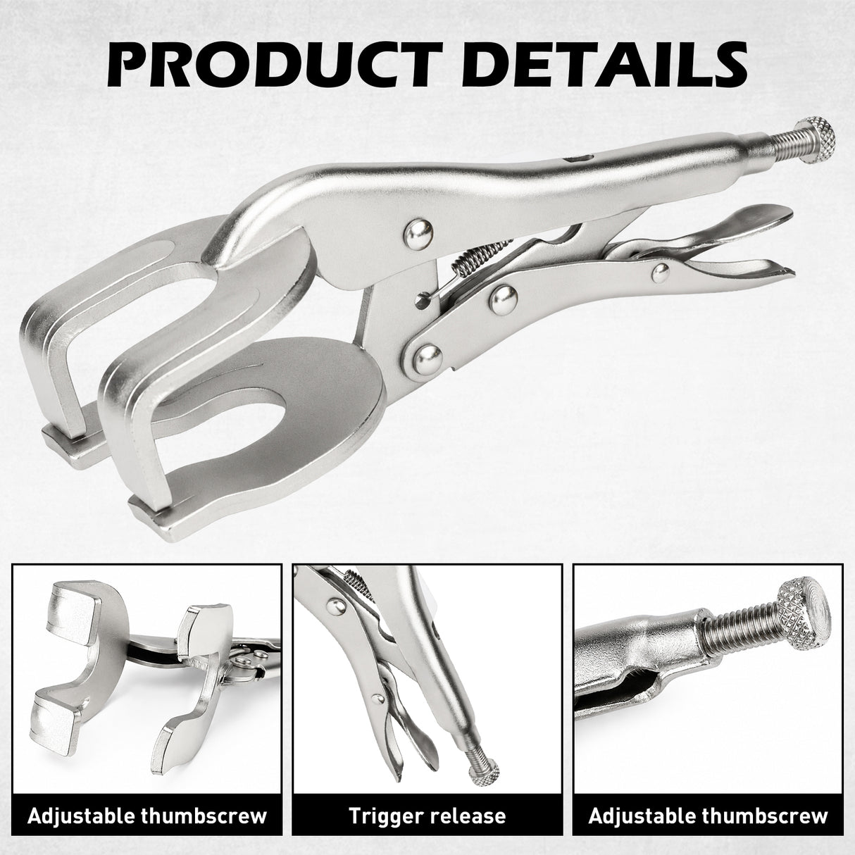 9 inch welding locking pliers with adjustable C-clamp jaws, quick trigger release and 2.75 inch opening for sheet metal, pipe and metalworking