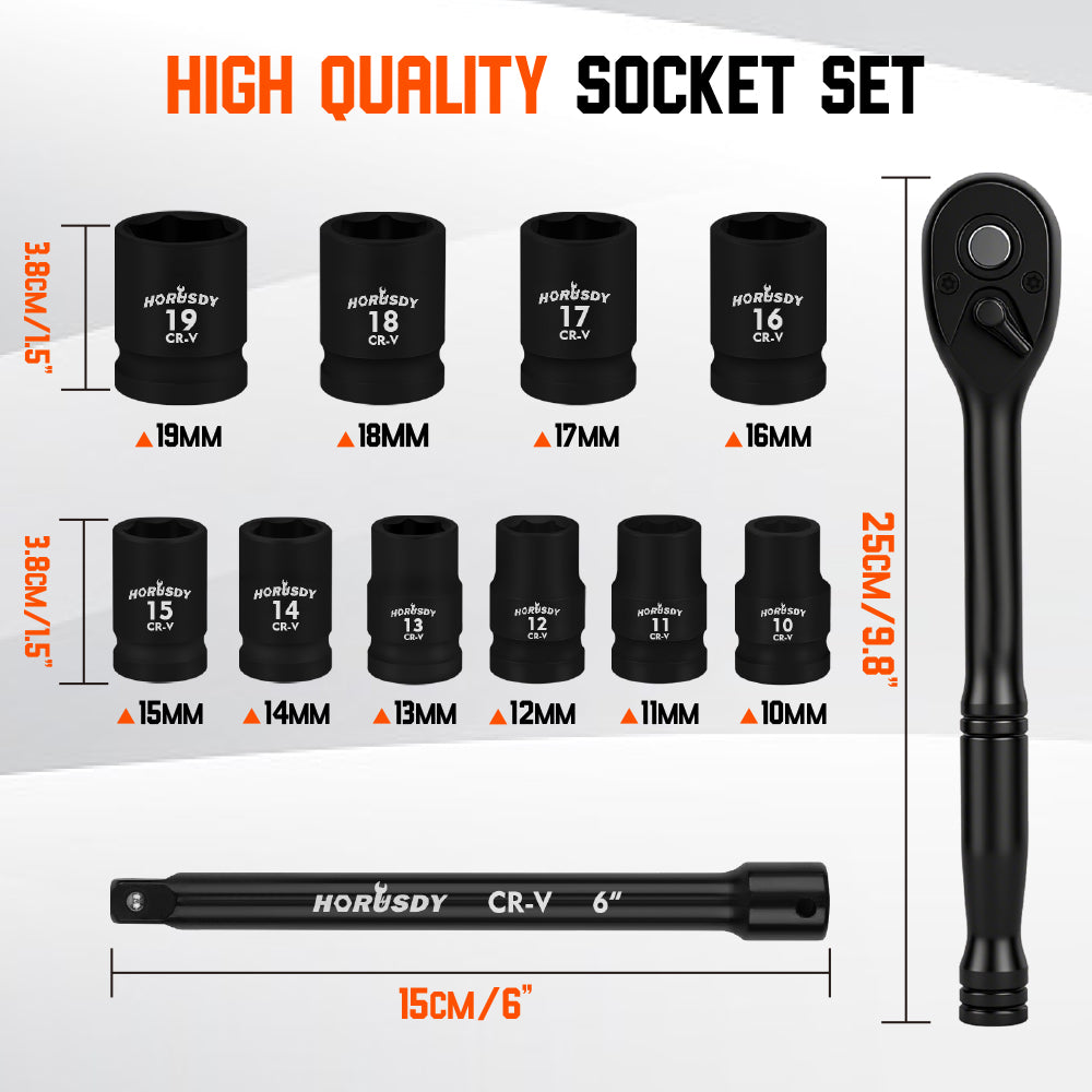 12-Piece 1/2" Drive Ratchet Socket Wrench Set with Metric Sockets 10-19mm, 72T Quick Release Ratchet, and 6" Extension Bar for Car and Garage Repair
