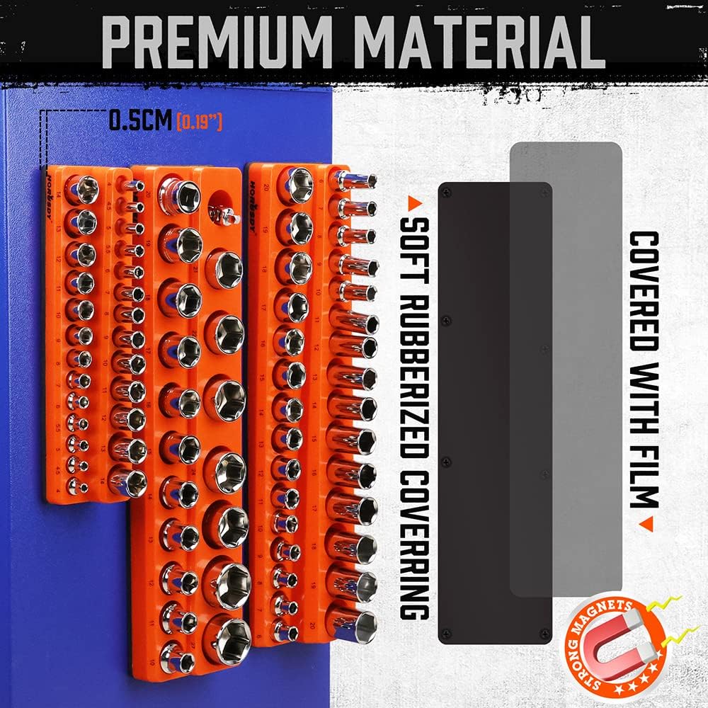 3-piece magnetic socket organizer set with 75 slots, orange metric socket holders for 1/4, 3/8 and 1/2 inch drive sockets, suitable for toolboxes and workshop storage.