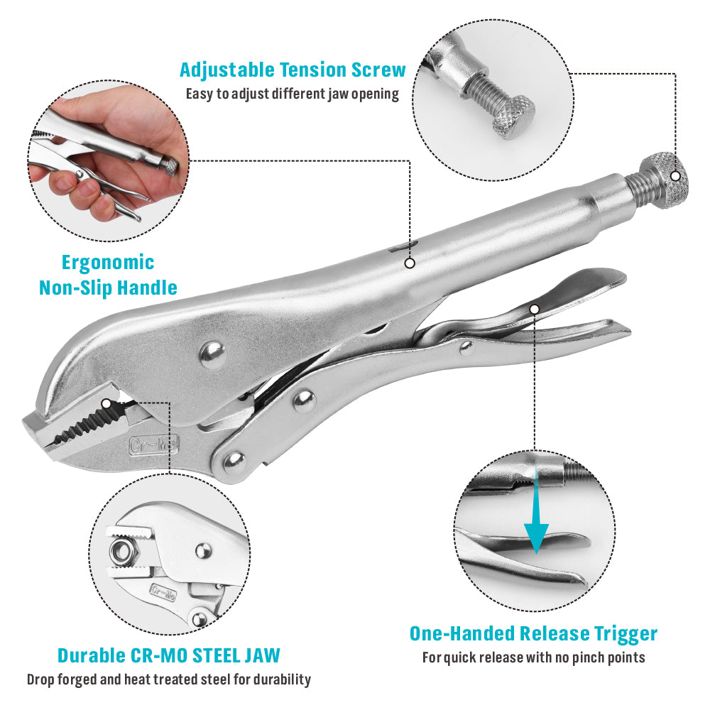 straight jaw locking pliers available in 7-inch and 10-inch sizes with adjustable tension screw, quick-release trigger and Cr-Mo steel jaws