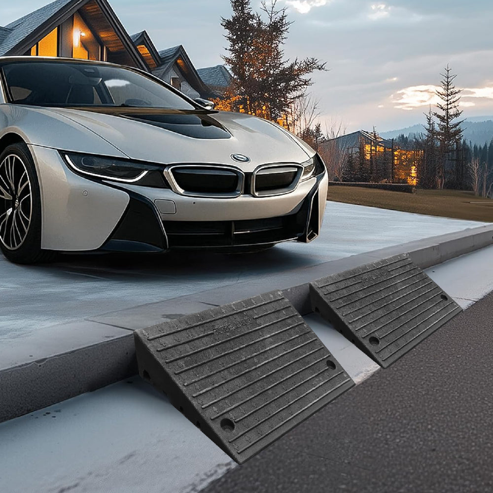 heavy duty rubber curb ramp with anti-slip angled surface, 10 ton load capacity and connectable design for driveways, doorways, cars, wheelchairs, motorcycles, trolleys, strollers