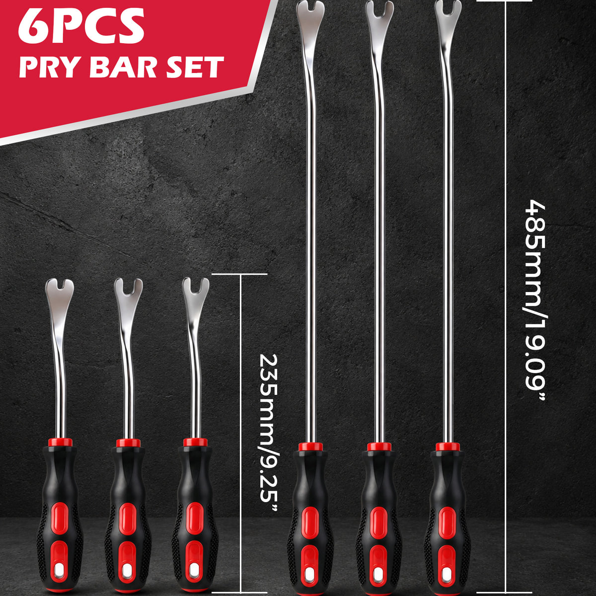6-Piece Pry Bar Set with Hardened CR-V Steel Forked Tips, 9.25-Inch and 19.09-Inch Nail Puller Tools, Non-Slip Handles for Automotive and DIY Repairs