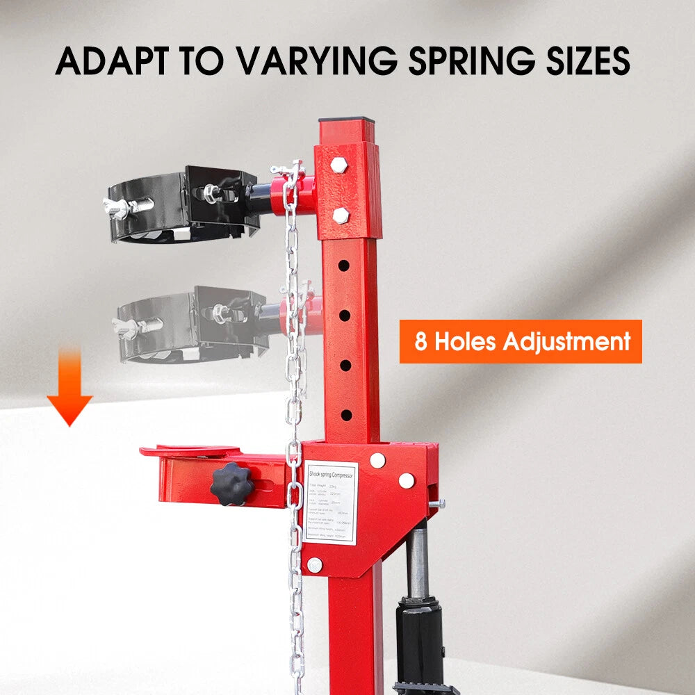 4.5 Ton hydraulic shock spring compressor with adjustable clamps and steel safety chain for car suspension and coil spring removal.