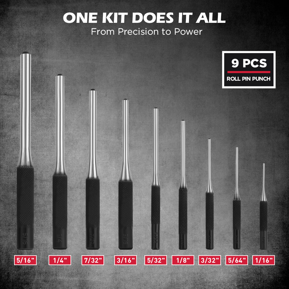 25-piece roll pin punch and punch and chisel set with CR-V steel tools, angle gauge, roll-up storage pouches and gift box