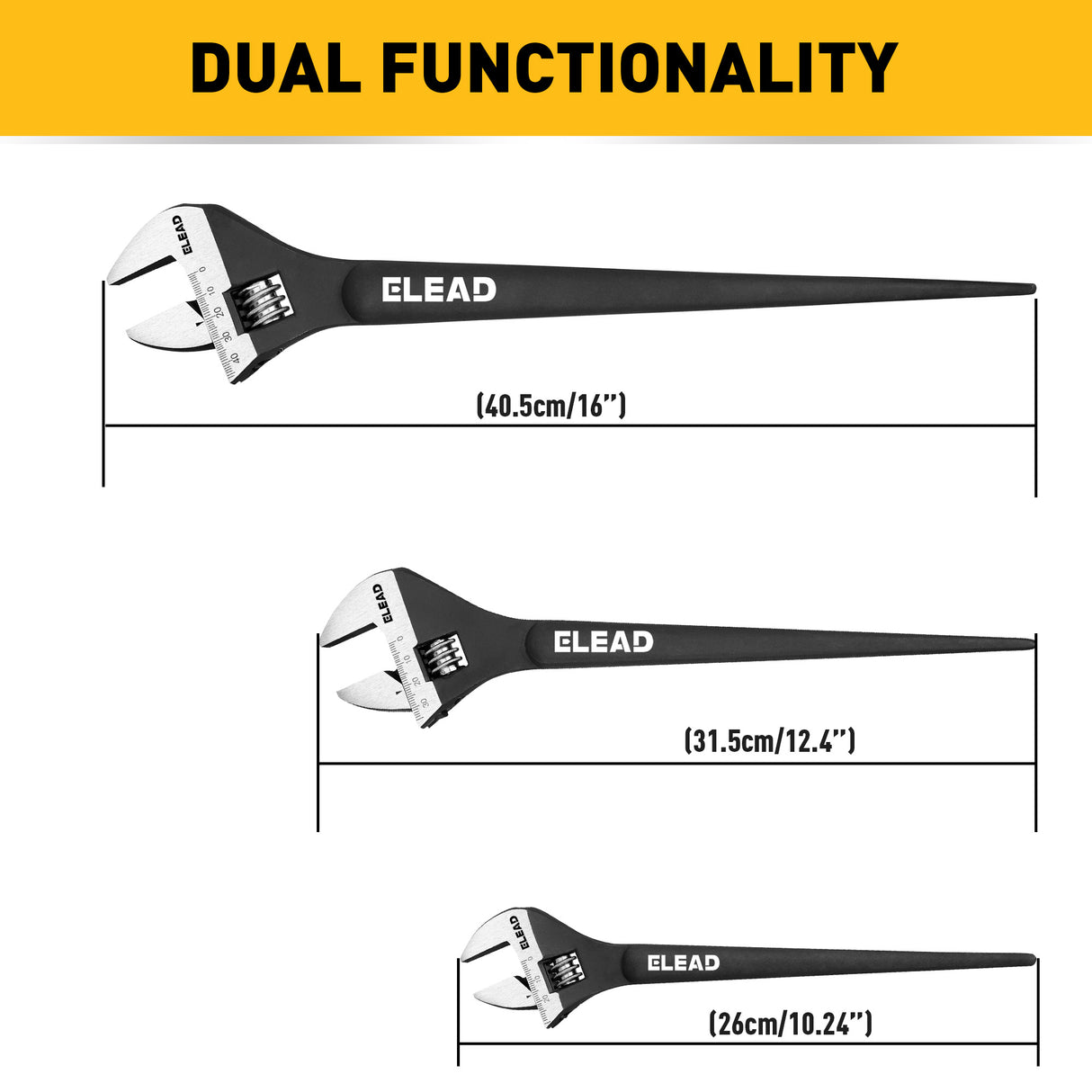 3-piece adjustable spud wrench set with 10, 12 and 16 inch CR-V steel wrenches, tapered pry bar handles and SAE metric scales