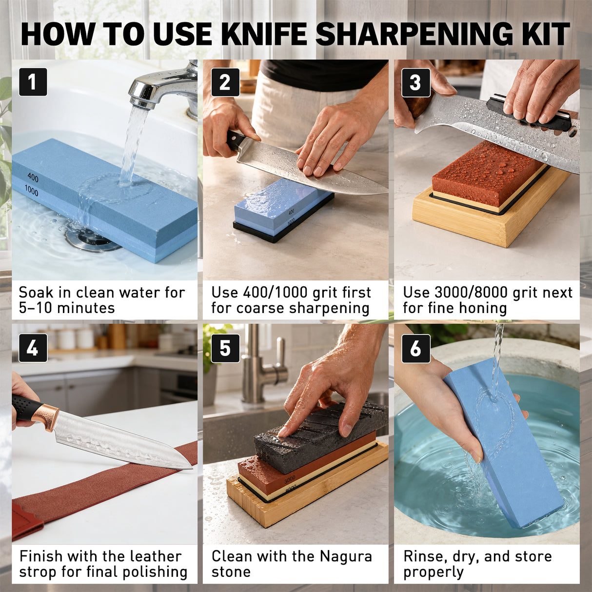 12-piece knife sharpening stone kit with 400/1000 and 3000/8000 grit whetstones, bamboo base, angle guide, honing guide, flattening stone, leather strop, green polishing compound and cut resistant gloves