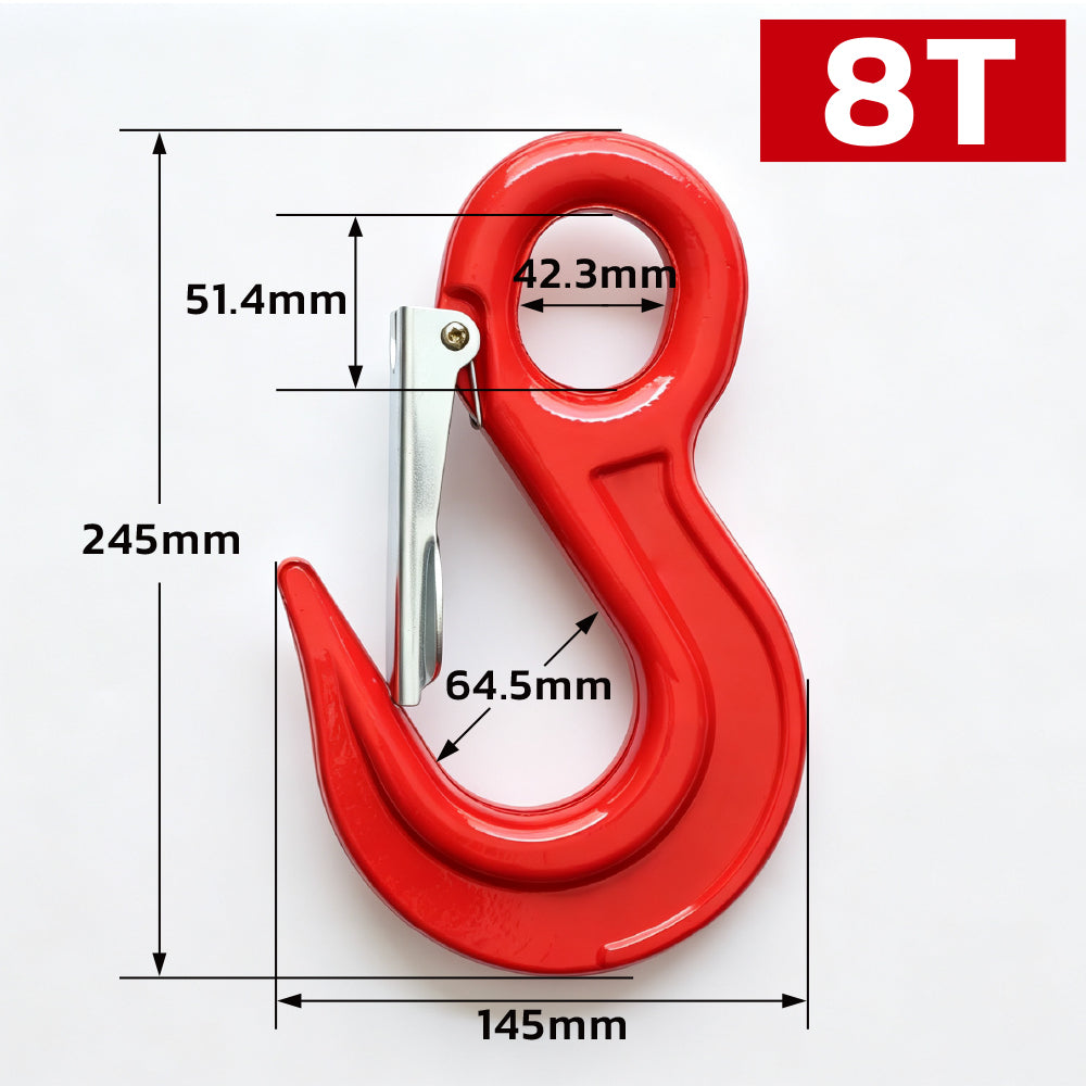 heavy-duty eye lifting hook with safety latch and red powder-coated finish for chain rigging, hoisting and material handling