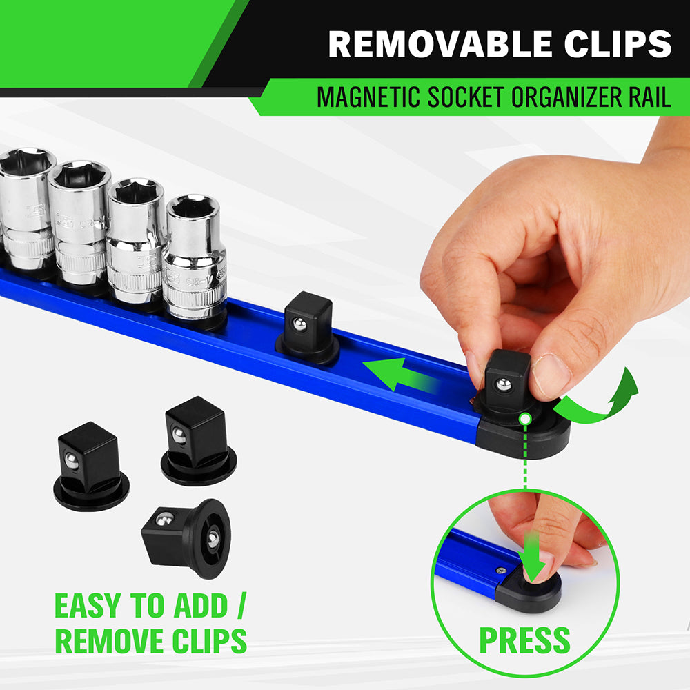 4-piece magnetic socket and bit organizer kit with aluminum rails, rotating clips and strong magnetic base for tool storage