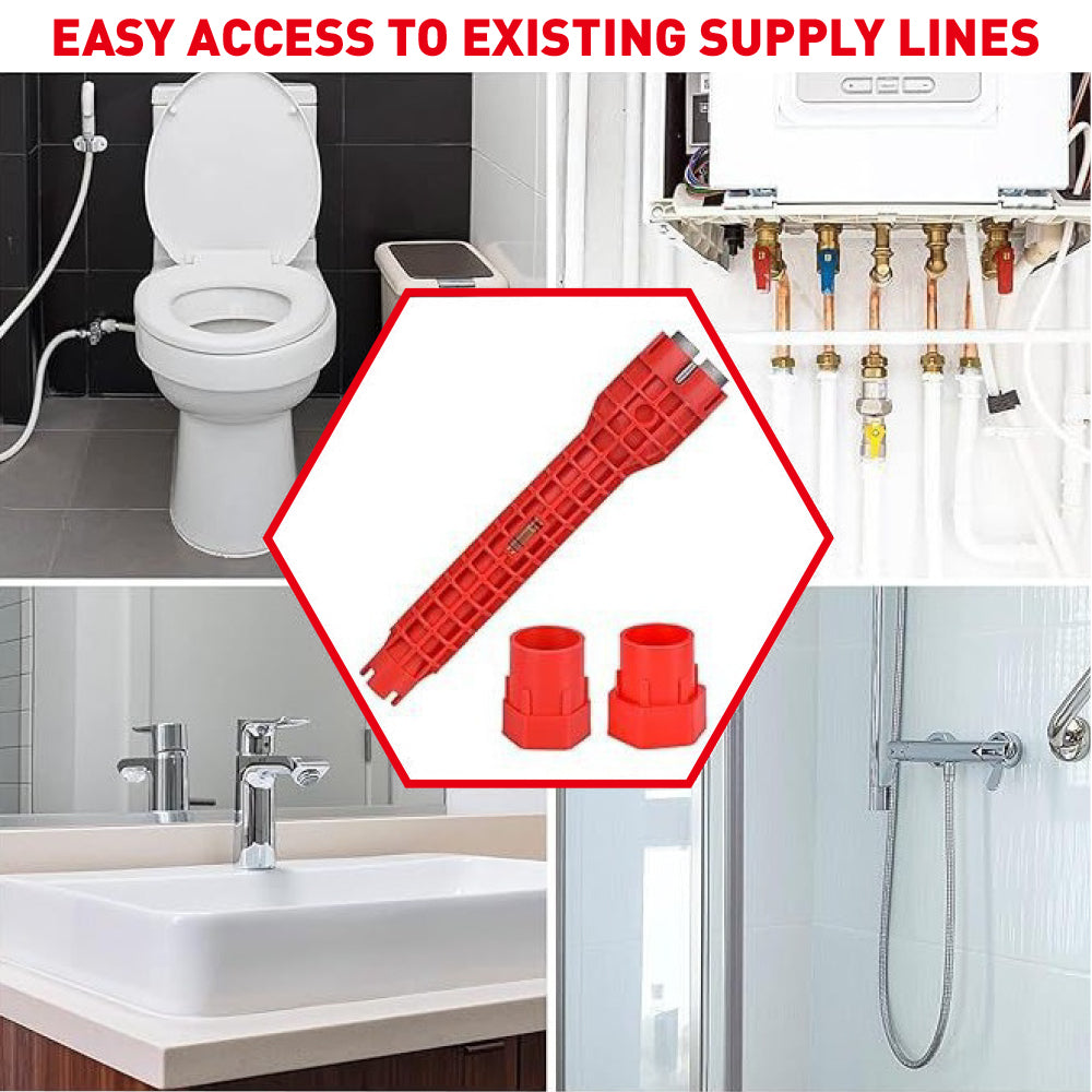 Red 8-in-1 sink wrench and faucet installer tool with adapters for under sink plumbing, basin nuts, valves and supply lines