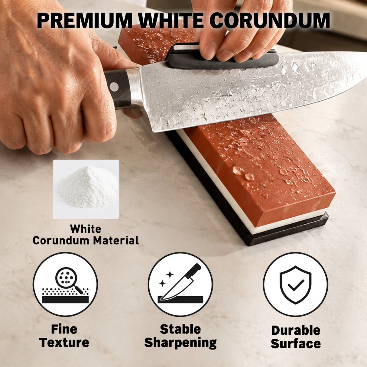 10-piece knife sharpening stone kit with 400/1000 and 3000/8000 grit whetstones, bamboo base, rubber bases, angle guide, Nagura stone, leather strop, cleaning towel and cut resistant gloves