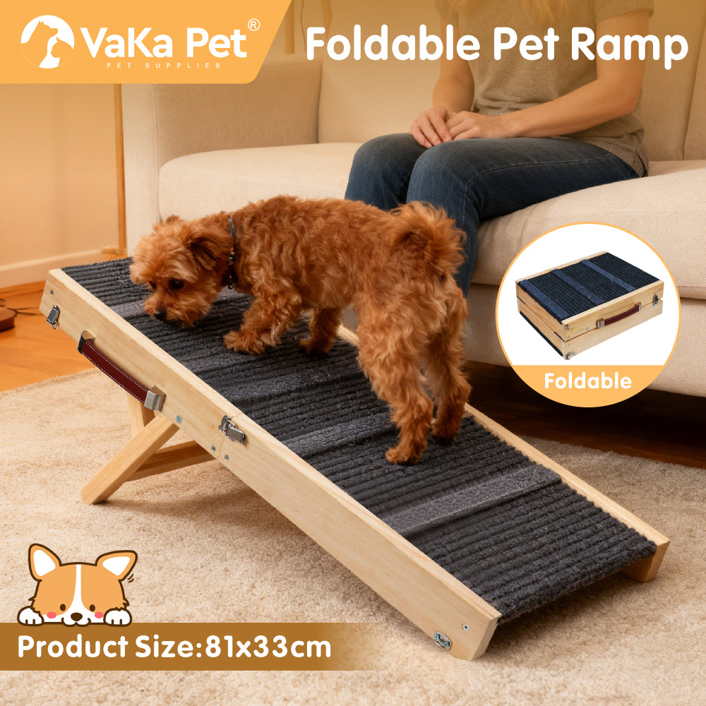 Foldable wooden pet ramp with non-slip carpet surface for dogs and cats, adjustable height design for beds, sofas and indoor use