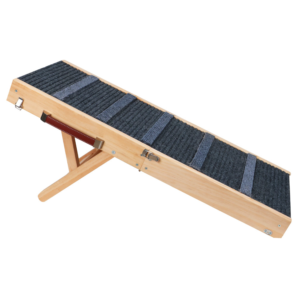 Foldable wooden pet ramp with non-slip carpet surface for dogs and cats, adjustable height design for beds, sofas and indoor use