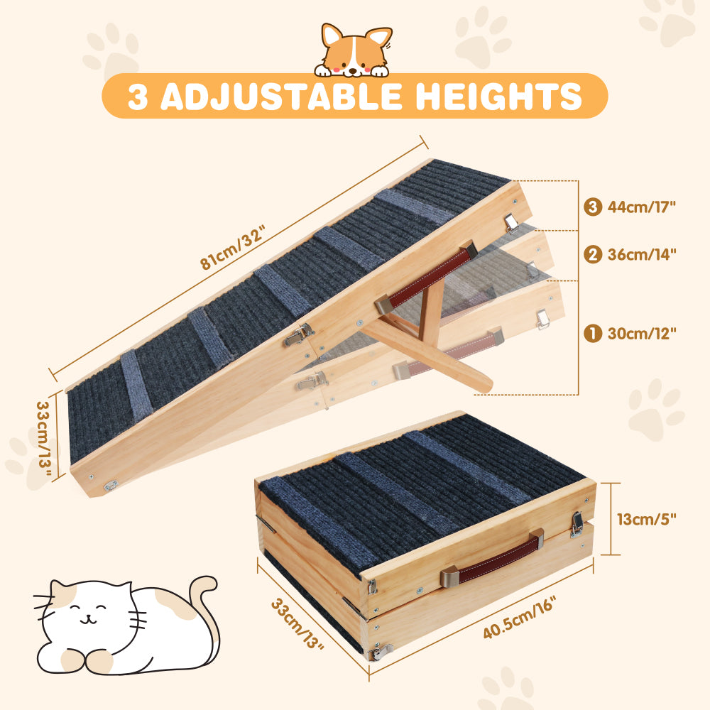 VAKA Foldable Wooden Pet Ramp for Dogs and Cats, 3 Adjustable Heights, Non-Slip Carpet Surface, Portable Dog Ramp for Sofa Bed Car, Joint-Friendly Puppy Step Ramp