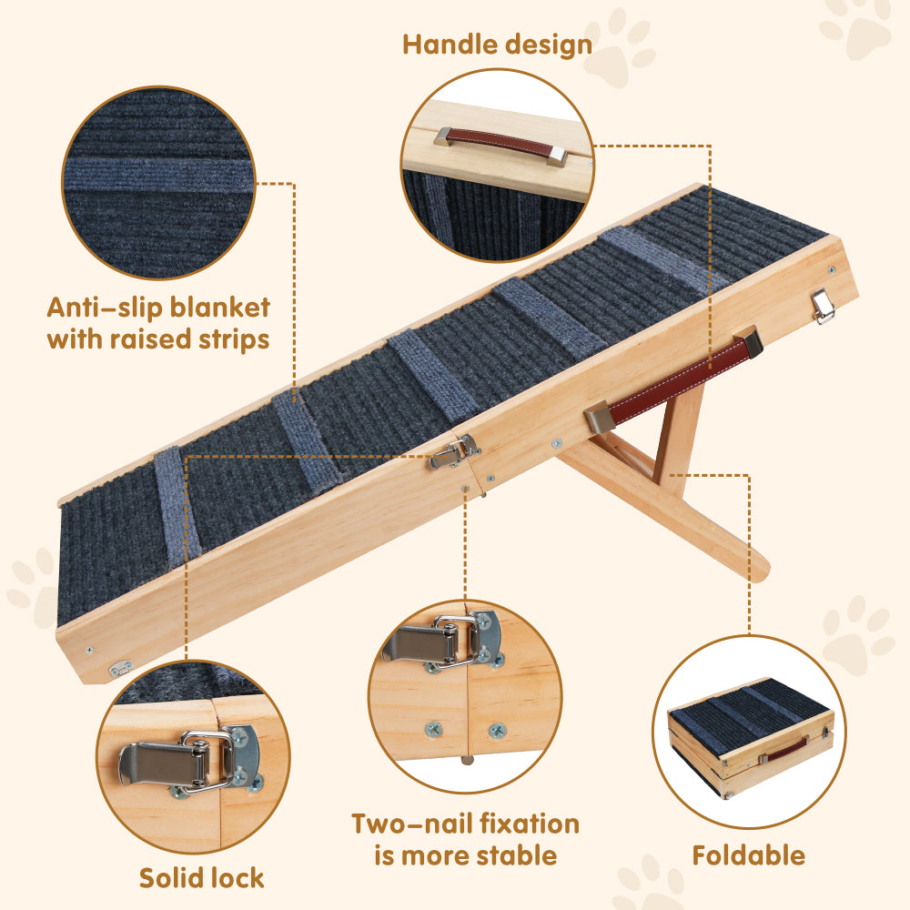 Foldable wooden pet ramp with non-slip carpet surface for dogs and cats, adjustable height design for beds, sofas and indoor use