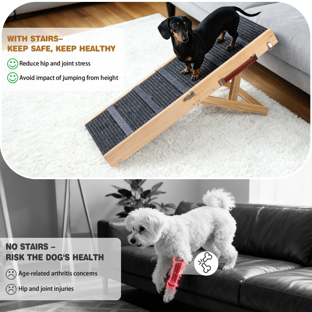 Foldable wooden pet ramp with non-slip carpet surface for dogs and cats, adjustable height design for beds, sofas and indoor use