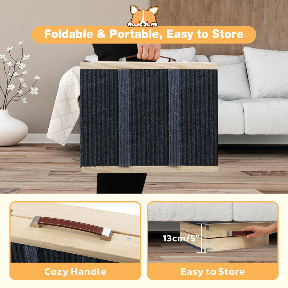 Foldable wooden pet ramp with non-slip carpet surface for dogs and cats, adjustable height design for beds, sofas and indoor use