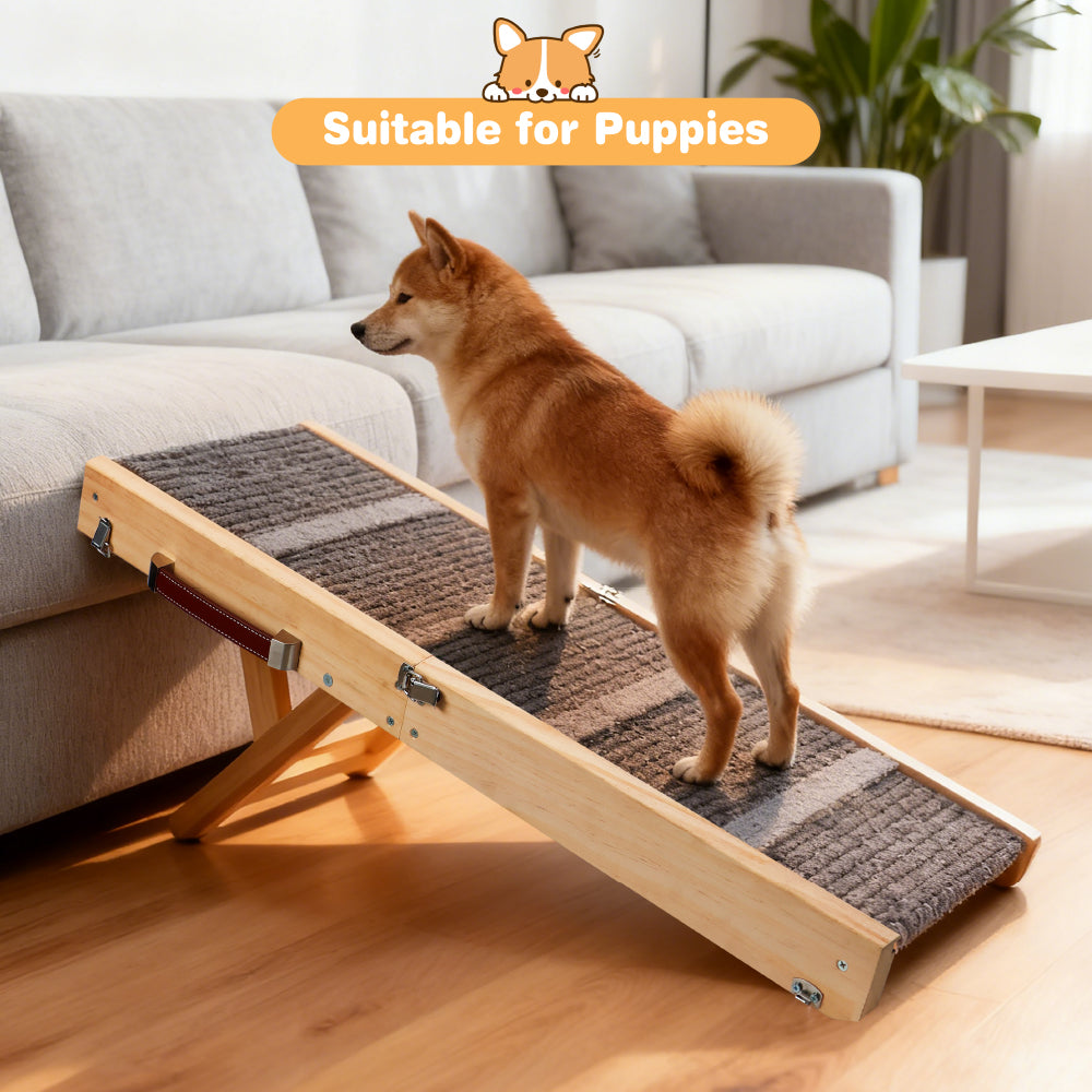 Foldable wooden pet ramp with non-slip carpet surface for dogs and cats, adjustable height design for beds, sofas and indoor use